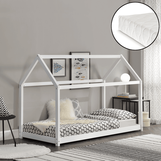 Cama de criança em madeira de pinho Netstal com colchão 90x200cm Forma de casa Branco mate en.casa.