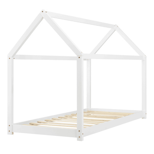 Cama de criança em madeira de pinho Netstal com colchão 90x200cm Forma de casa Branco mate en.casa.