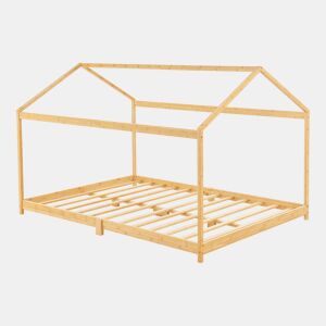 Cama de criança Vindafjord em forma de casa de bambu 140 x 200 cm - Cor natural en.casa.