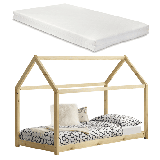 Cama de criança em madeira de pinho Netstal com colchão 90x200cm Forma de casa Pinho natural en.casa.