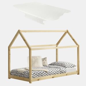 Cama de criança em madeira de pinho Netstal com colchão 90x200cm Forma de casa Pinho natural en.casa.