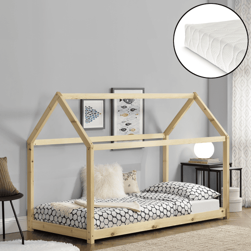 Cama de criança em madeira de pinho Netstal com colchão 90x200cm Forma de casa Pinho natural en.casa.