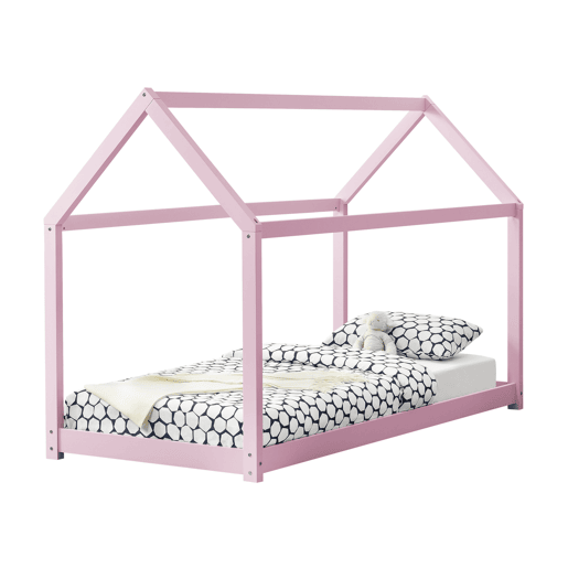 Cama de criança Netstal em madeira de pinho Forma de casa - (CxLxA) 206x98x142 cm - Lacado rosa mate en.casa.