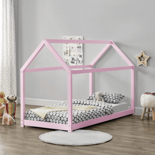 Cama de criança Netstal em madeira de pinho Forma de casa - (CxLxA) 206x98x142 cm - Lacado rosa mate en.casa.