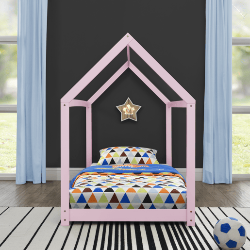 Cama de criança Netstal em madeira de pinho Forma de casa - (CxLxA) 206x98x142 cm - Lacado rosa mate en.casa.