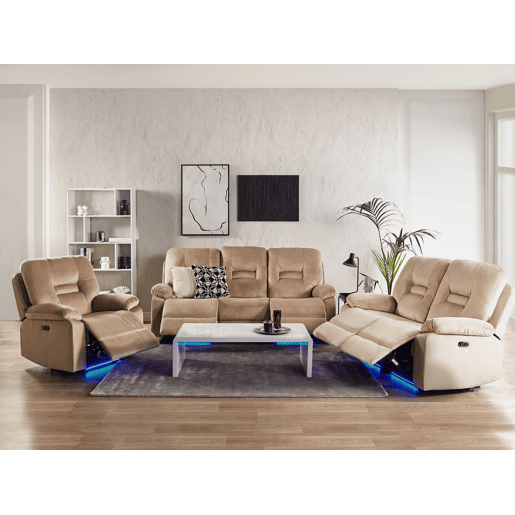 Conjunto de sala de estar reclinável elétrico BERGEN Veludo Cor de areia com entrada USB 6 lugares
