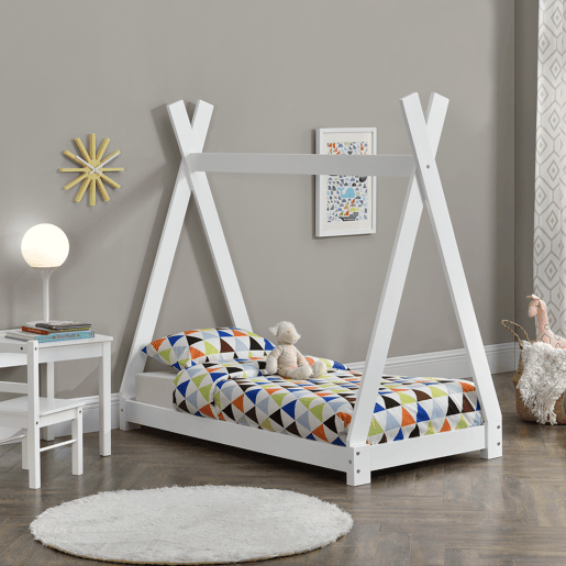 Cama de criança Onejda - Estrutura de tenda em pinho - 140 x 70cm - Branco mate en.casa.