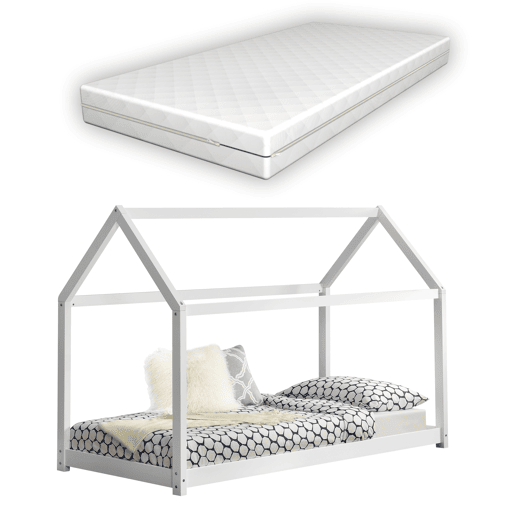 Cama de criança Netstal com colchão ortopédico - Forma de casa - pinho 80 x 160 cm - Branco en.casa.