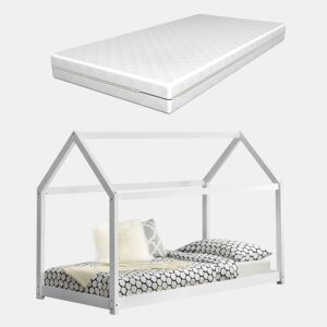 Cama de criança Netstal com colchão ortopédico - Forma de casa - pinho 80 x 160 cm - Branco en.casa.