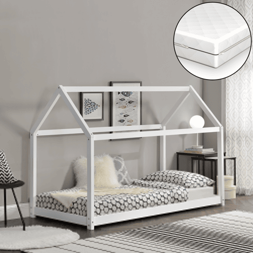 Cama de criança Netstal com colchão ortopédico - Forma de casa - pinho 80 x 160 cm - Branco en.casa.