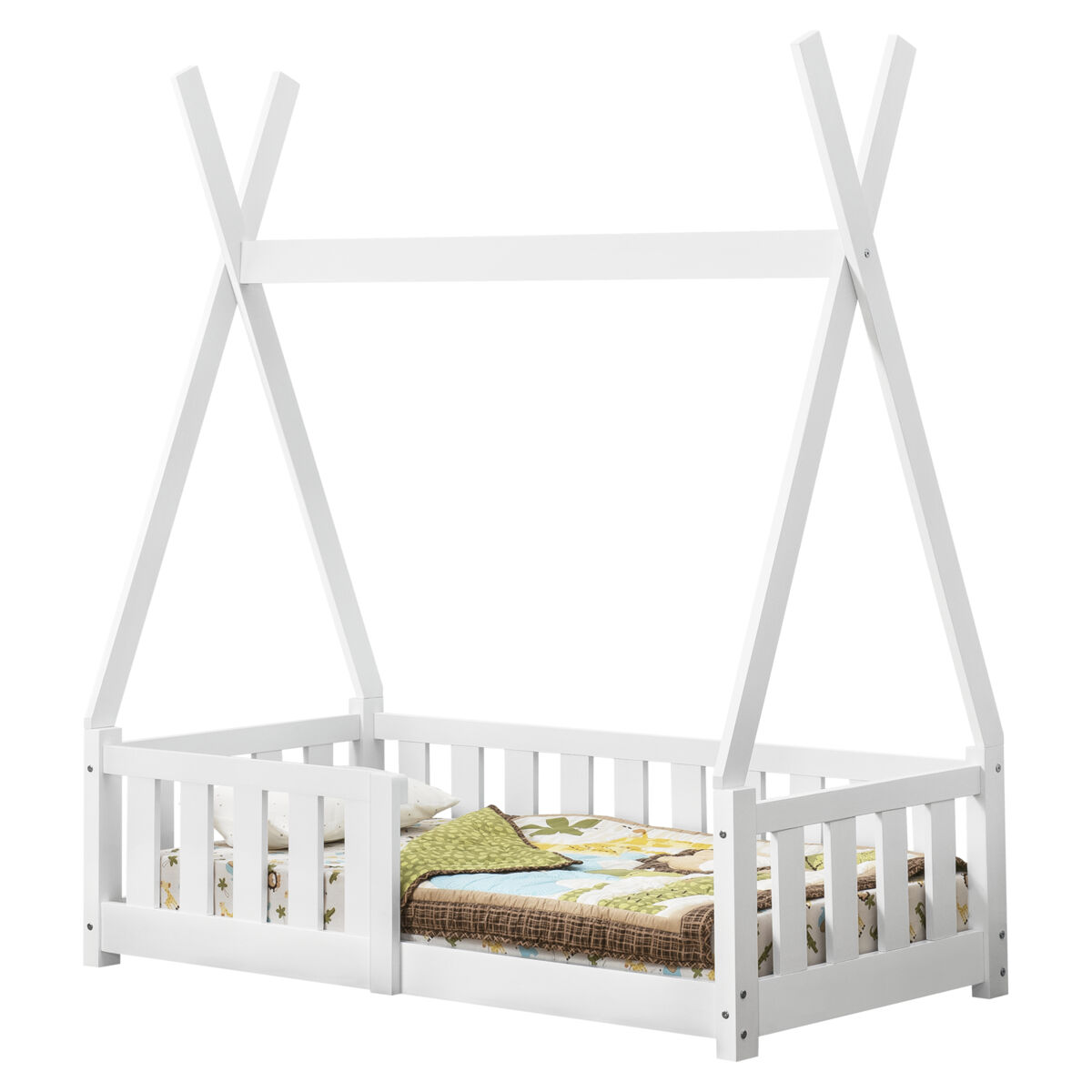 Cama infantil helsingborg con reja de seguridad - estructura tipi - pino 140x70 cm - blanco mate [en.casa]