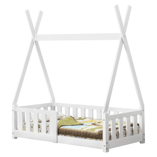 Cama de criança Helsingborg com grelha de segurança - Estrutura Tepee - pinho 140x70 cm - Branco mate en.casa.