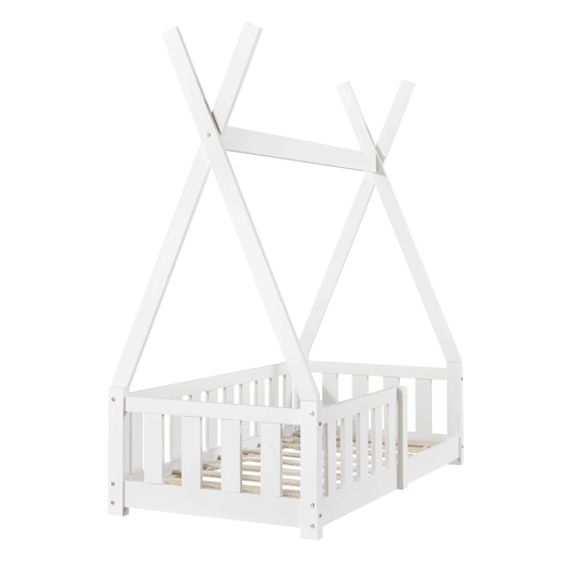 Cama de criança Helsingborg com grelha de segurança - Estrutura Tepee - pinho 140x70 cm - Branco mate en.casa.