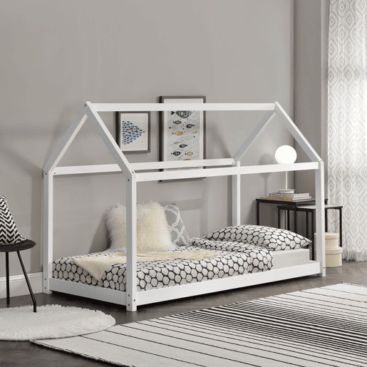 Cama de criança Netstal em madeira de pinho Forma de casa - 206x98x142cm - Branco mate en.casa.