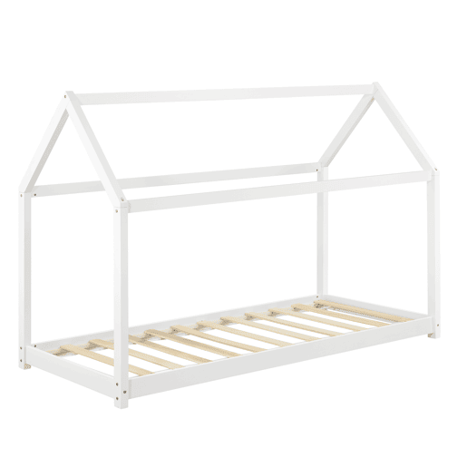 Cama de criança Netstal em madeira de pinho Forma de casa - 206x98x142cm - Branco mate en.casa.
