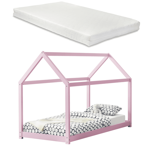 Cama de criança com colchão Netstal Forma de casa - pinho e Oeko-Tex 100 - (CxLxA) 206x98x142 cm - Rosa mate en.casa.