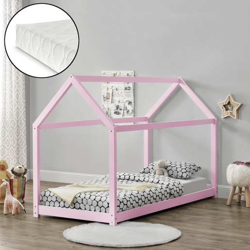 Cama de criança com colchão Netstal Forma de casa - pinho e Oeko-Tex 100 - (CxLxA) 206x98x142 cm - Rosa mate en.casa.