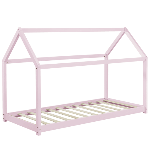 Cama de criança com colchão Netstal Forma de casa - pinho e Oeko-Tex 100 - (CxLxA) 206x98x142 cm - Rosa mate en.casa.
