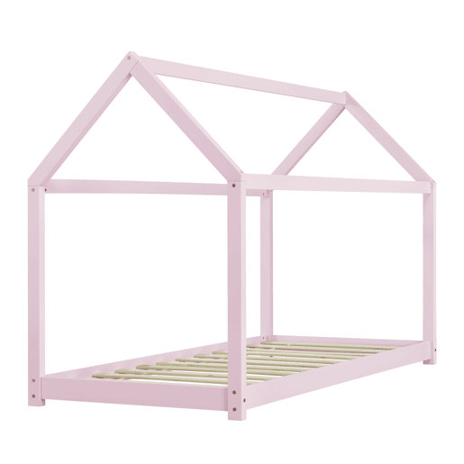 Cama de criança com colchão Netstal Forma de casa - pinho e Oeko-Tex 100 - (CxLxA) 206x98x142 cm - Rosa mate en.casa.