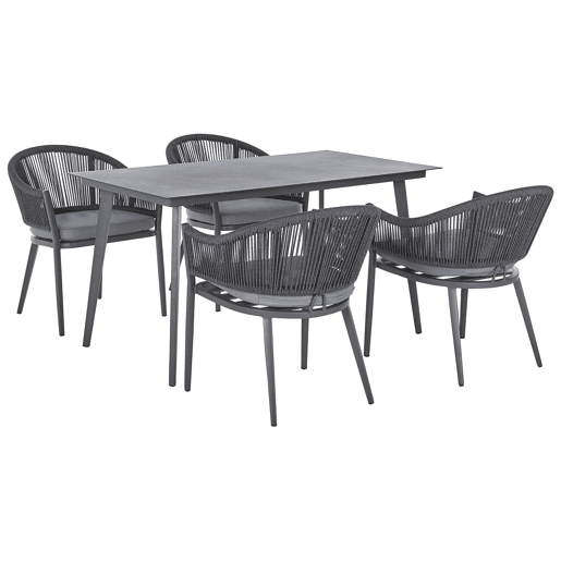 Conjunto de refeições de jardim 4 lugares MILETO com almofadas Metal Cinzento Conjunto de refeições de jardim 4 lugares MILETO com almofadas Metal Cinzento