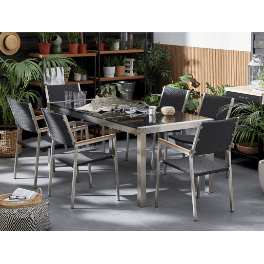 Conjunto de refeições de jardim 6 lugares GROSSETO Placa tripla Granito Polido Preto