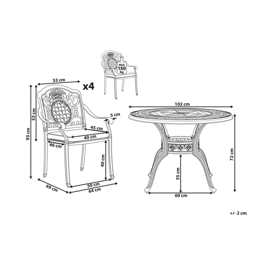 Conjunto de refeições de jardim 4 lugares SALENTO com almofadas Metal Castanho escuro Conjunto de refeições de jardim 4 lugares SALENTO com almofadas Metal Castanho escuro