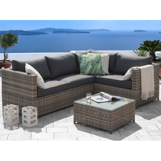 Conjunto de sofás de jardim de canto 4 lugares AVOLA à esquerda Cinzento Conjunto de sofás de jardim de canto 4 lugares AVOLA à esquerda Cinzento
