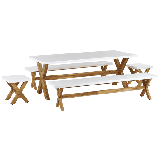 Conjunto de refeições de de jardim com bancos e tamboretes 8 lugares OLBIA Betão Branco