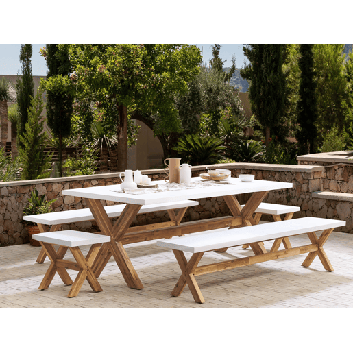 Conjunto de refeições de de jardim com bancos e tamboretes 8 lugares OLBIA Betão Branco