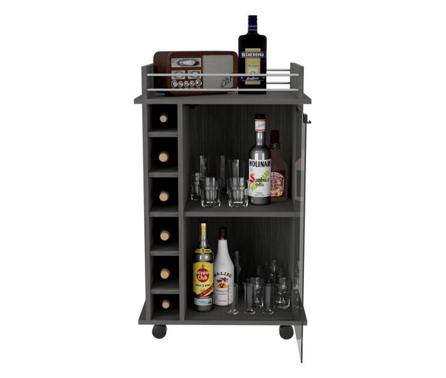 Carrito de bar dukat con ruedas y puerta de cristal roble gris