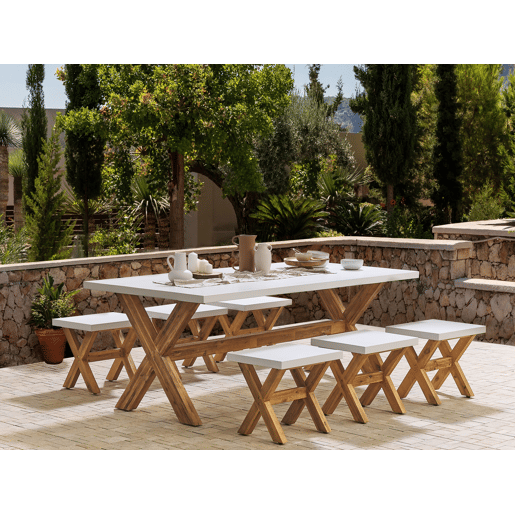 Conjunto de refeições de jardim com tamboretes 6 lugares OLBIA Betão Branco