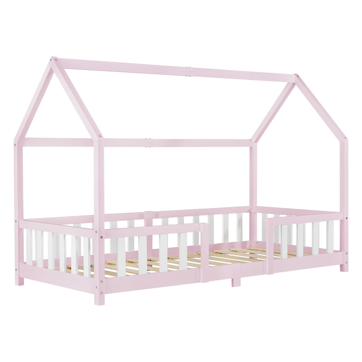 Cama para niños sisimiut forma de casa pino 90x200 cm rosa y blanco mate [en.casa]