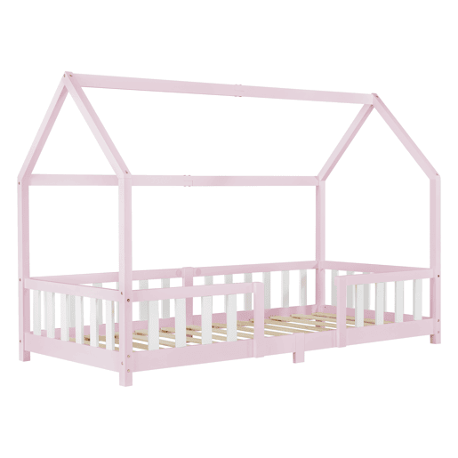Cama de criança Sisimiut forma de casa pinho 90x200 cm cor-de-rosa e branco mate en.casa.