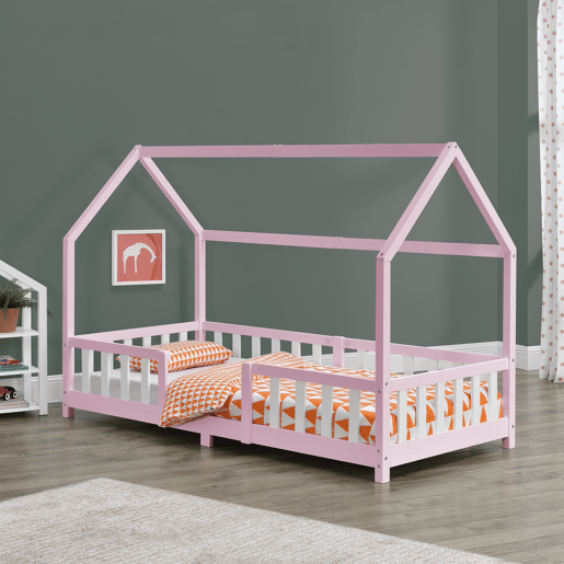 Cama de criança Sisimiut forma de casa pinho 90x200 cm cor-de-rosa e branco mate en.casa.