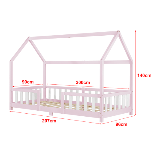 Cama de criança Sisimiut forma de casa pinho 90x200 cm cor-de-rosa e branco mate en.casa.