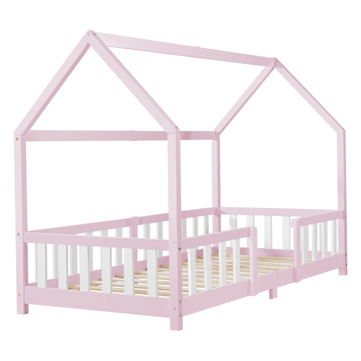 Cama de criança Sisimiut forma de casa pinho 90x200 cm cor-de-rosa e branco mate en.casa.