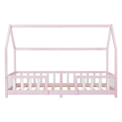Cama de criança Sisimiut forma de casa pinho 90x200 cm cor-de-rosa e branco mate en.casa.