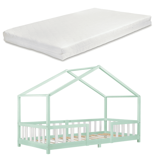 Cama de criança Treviolo em forma de casa de pinho com colchão 90x200 cm - Verde menta Branco en.casaneu.haus.