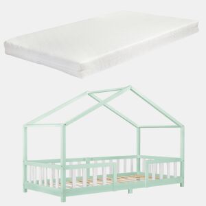 Cama de criança Treviolo forma de casa pinho + colchão 90x200 cm - Verde menta en.casa