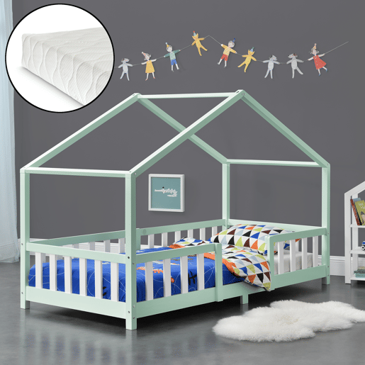 Cama de criança Treviolo em forma de casa de pinho com colchão 90x200 cm - Verde menta Branco en.casaneu.haus.