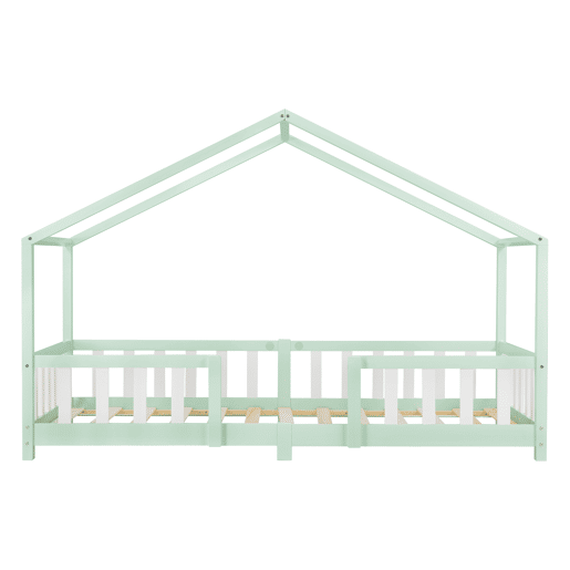 Cama de criança Treviolo em forma de casa de pinho com colchão 90x200 cm - Verde menta Branco en.casaneu.haus.