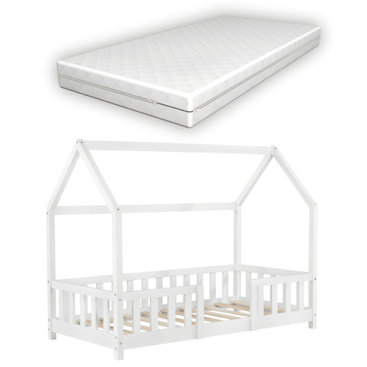 Cama de criança Sisimiut forma de casa pinho com colchão 70x140 cm branco mate en.casaneu.haus.