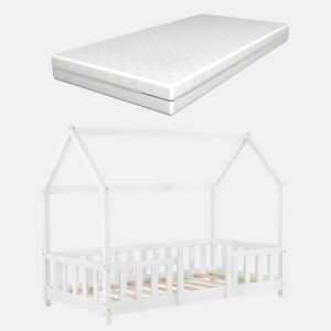Cama de criança Sisimiut forma de casa pinho com colchão 70x140 cm branco mate en.casaneu.haus.