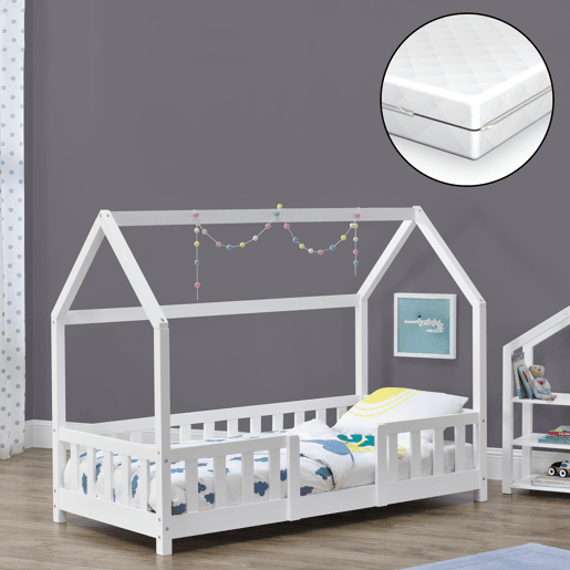 Cama de criança Sisimiut forma de casa pinho com colchão 70x140 cm branco mate en.casaneu.haus.