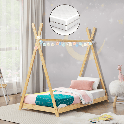 Tipi Vimpeli cama de criança + colchão + estrado de molas máx. 200 kg bambu 70 x 140 cm - Natural en.casa y neu.haus.
