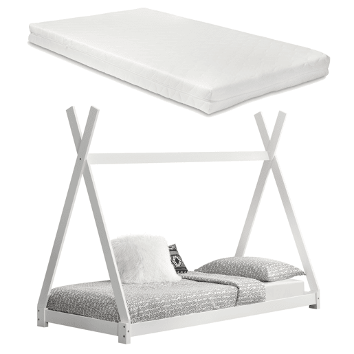 Onejda Cama Tipi para criança com colchão em madeira de pinho 90x200cm branco mate en.casa.