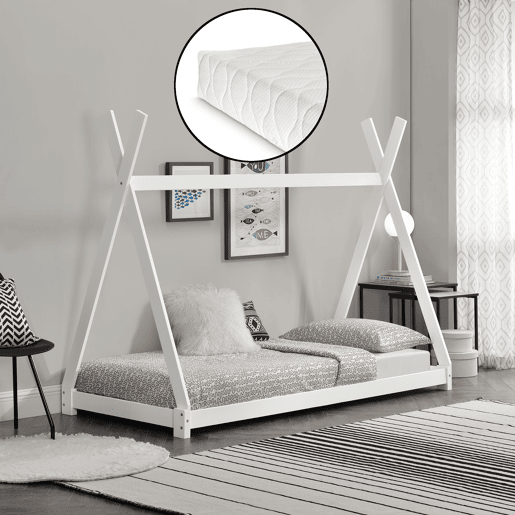 Onejda Cama Tipi para criança com colchão em madeira de pinho 90x200cm branco mate en.casa.