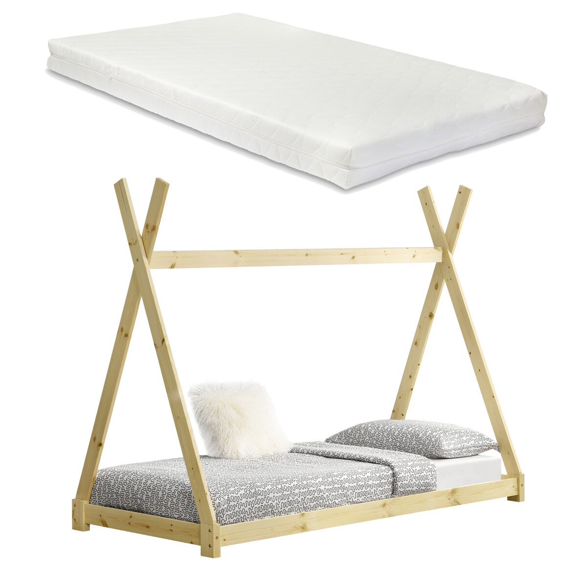 Cama tipi para niños pequeños onejda con colchón madera pino 90x200cm color pino natural [en.casa]