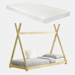 Cama Tipi para crianças Onejda com colchão de madeira de pinho 90x200cm Cor pinho natural en.casa.