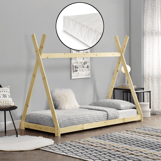 Cama Tipi para crianças Onejda com colchão de madeira de pinho 90x200cm Cor pinho natural en.casa.